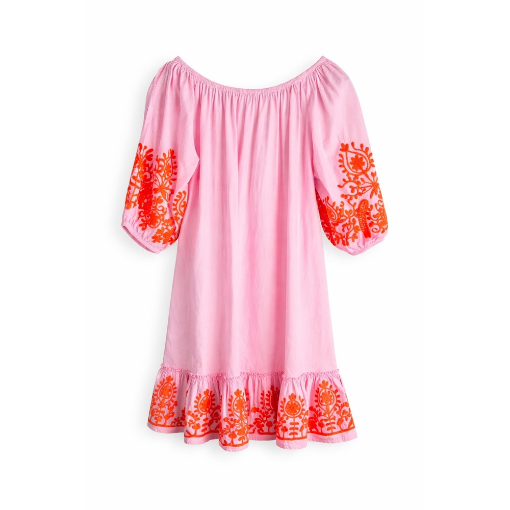 Top It Off Dress Women M/L Pink Orange Embroidered Boho Ruffle Hem Coverup